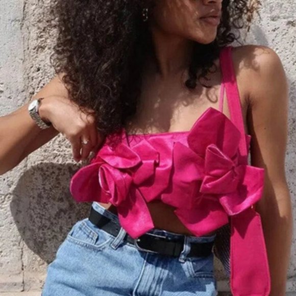 MODA ME COUTURE Tops - Flower Decor Lace Up Back Cami Top Pink